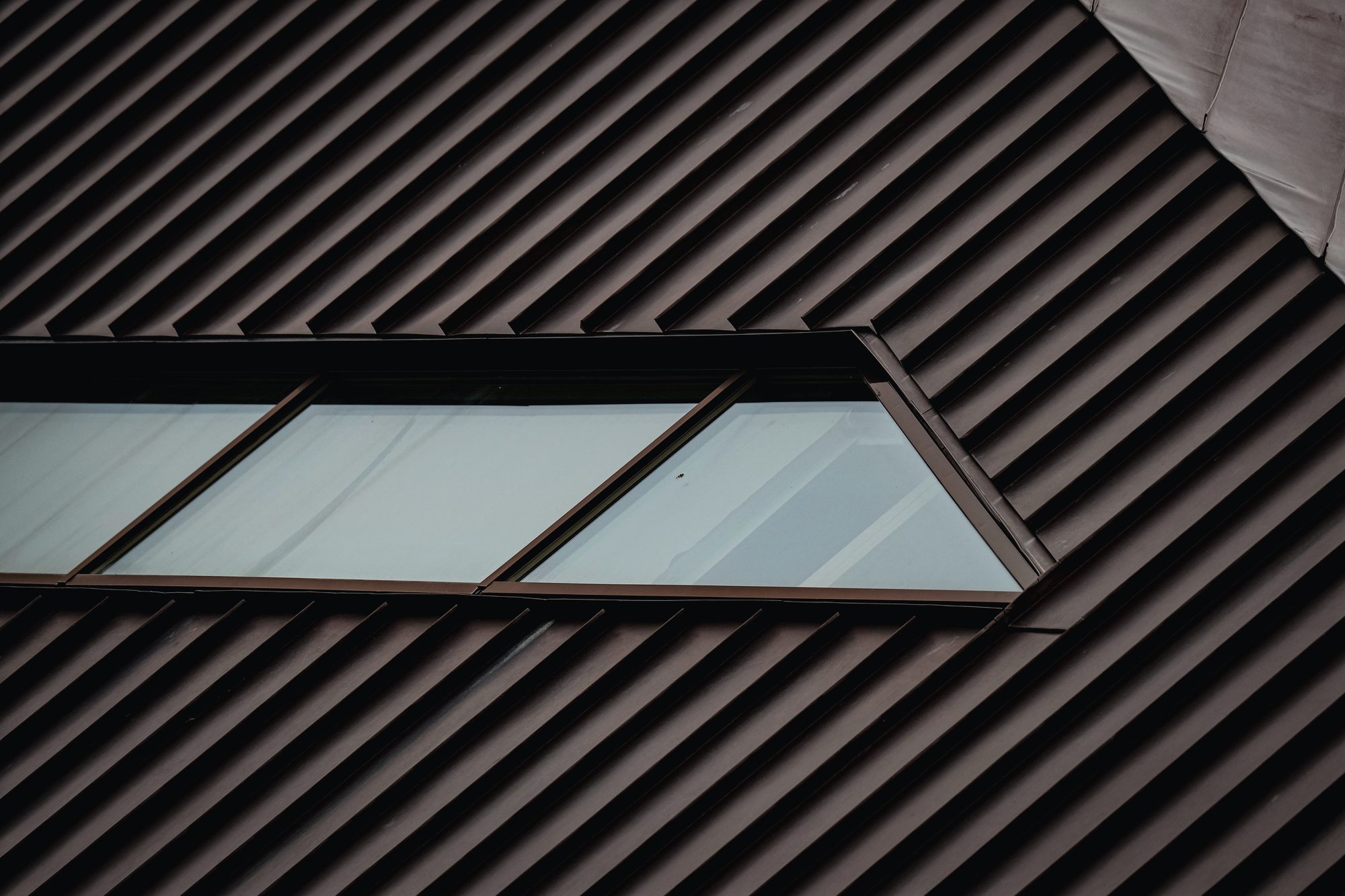 A dark standing-seam metal roof with a flush skylight, ribs running to the ridge